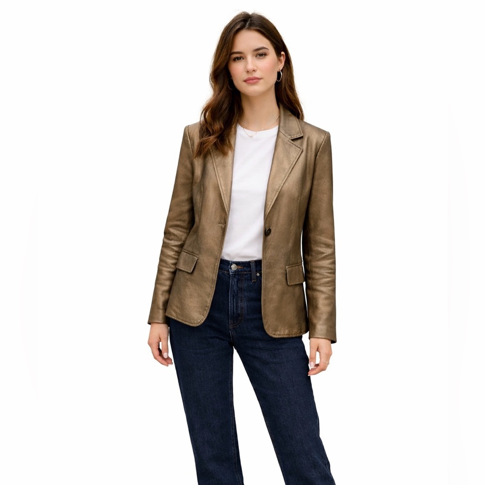 Worthington Metallic Lambskin Genuine Leather Blazer Y2K Glam Statement Jacket - Picture 12 of 12